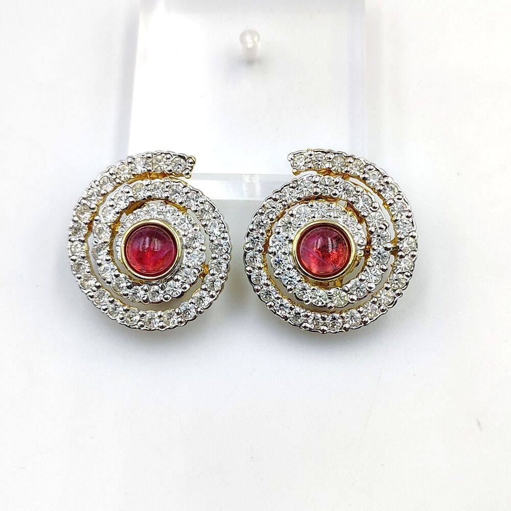 Valentino Gold Tone Pave Rhinestone Pink Cabochon Spiral Clip On Earrings
